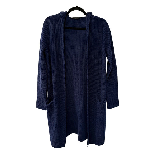 Jenni Kayne XS Waffle Knit CASHMERE $495 Wool Hooded Cardigan Sweater Coat Navy - Picture 3 of 8